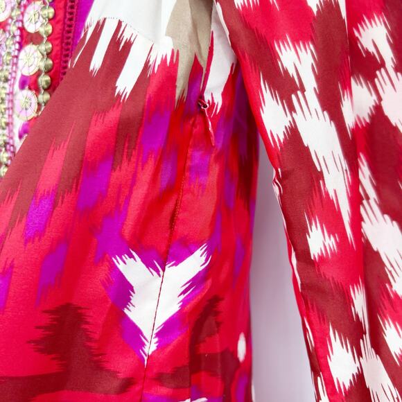 Tory Burch Iveta Embellished Ikat Silk Tunic Top Pink Red Resort Womens Size 2 - Picture 12 of 12
